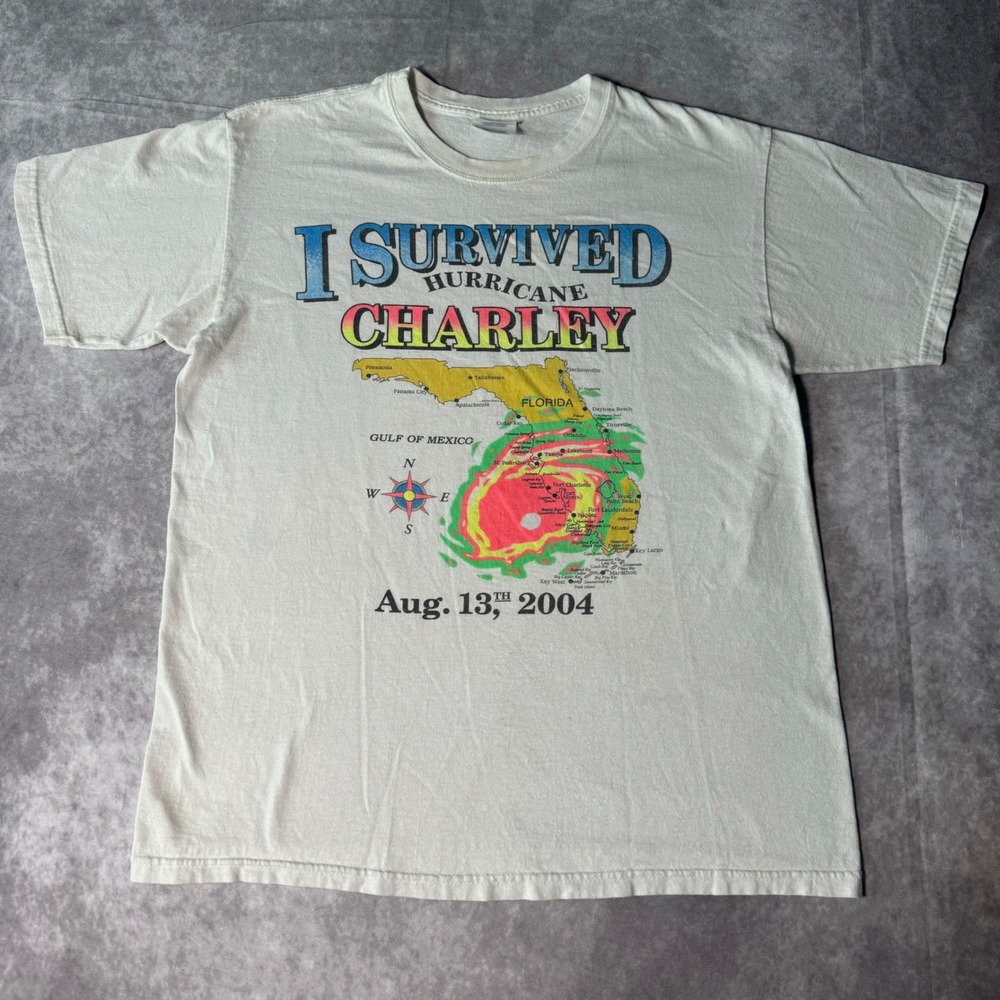 Vintage Hanes Mens I Survived Hurricane Charley Florida 2004 Graphic T-Shirt M